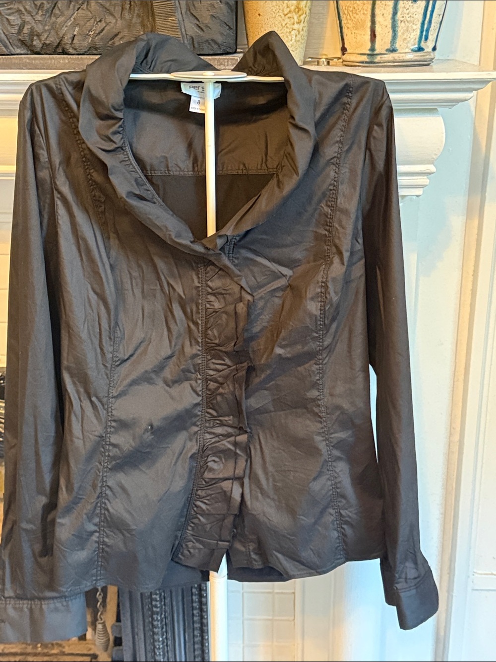 Per Se Black Women's Ruffled Collar mixed media blouse- worn once.